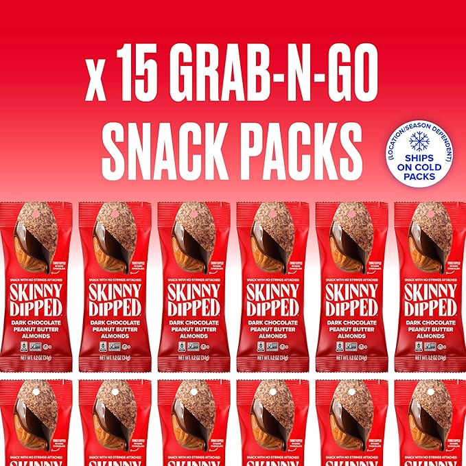 SkinnyDipped Dark Chocolate Peanut Butter Almonds Chocolate Covered Almonds Low Sugar Gluten Free Healthy Snack 1.2 Ounce Bags (Pack of 15)