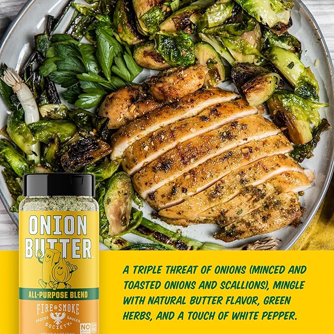 Fire &amp Smoke Society Onion Butter All Purpose Seasoning | BBQ Rubs for Smoking and Grilling | Steak Grilled Chicken Pork Burgers | Onions Green Herbs White Pepper | Large (2-Pack)