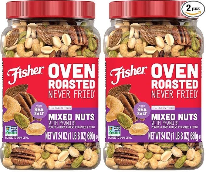 Fisher Oven Roasted Never Fried Mixed Nuts with Peanuts 24 Ounces (Pack of 2) Peanuts Almonds Cashews Pistachios Pecans Snacks for Adults Made With Sea Salt No Added Oils Artificial Ingredie