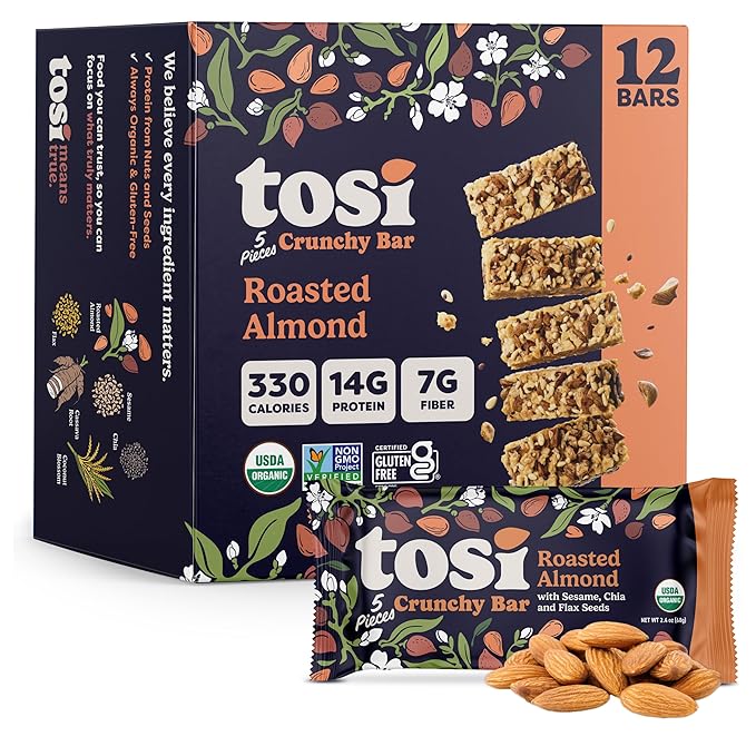 Tosi Meal Nut Bars Almond Healthy Snacks for Adults &amp Kids Crunchy Plant Based Protein Bar (14G) Keto Snacks Vegan Gluten &amp Soy Free Low Sugar Omega 3s 2.4oz 12-Pack