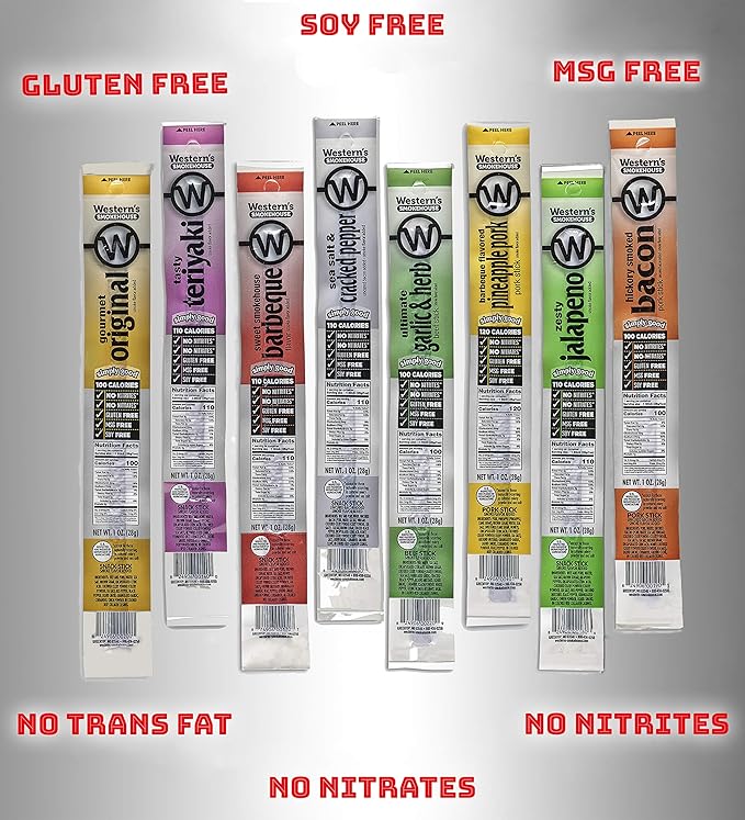 Western's Smokehouse Meat Sticks Variety Pack of 20 – 8 Flavors of Pork and Beef Jerky Sticks - Gluten-Free MSG-Free Soy-Free No Nitrates Meat Sticks Individually Wrapped