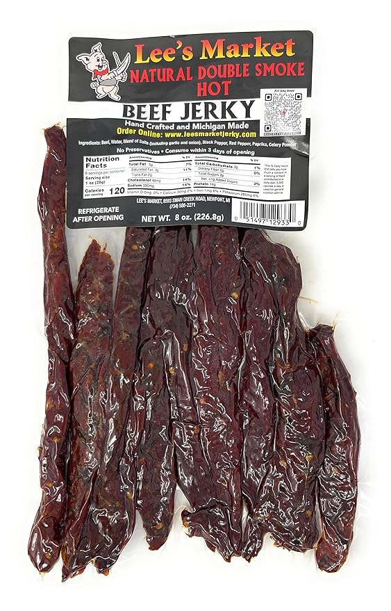 Lee's Market Natural Double-Smoke Hot Beef Jerky - Soft &amp Tender - Healthy Low Carb Gluten-Free Snack - Paleo &amp Keto-Friendly - Michigan Made Handcrafted Jerky - Specialty Gourmet Meat Snacks