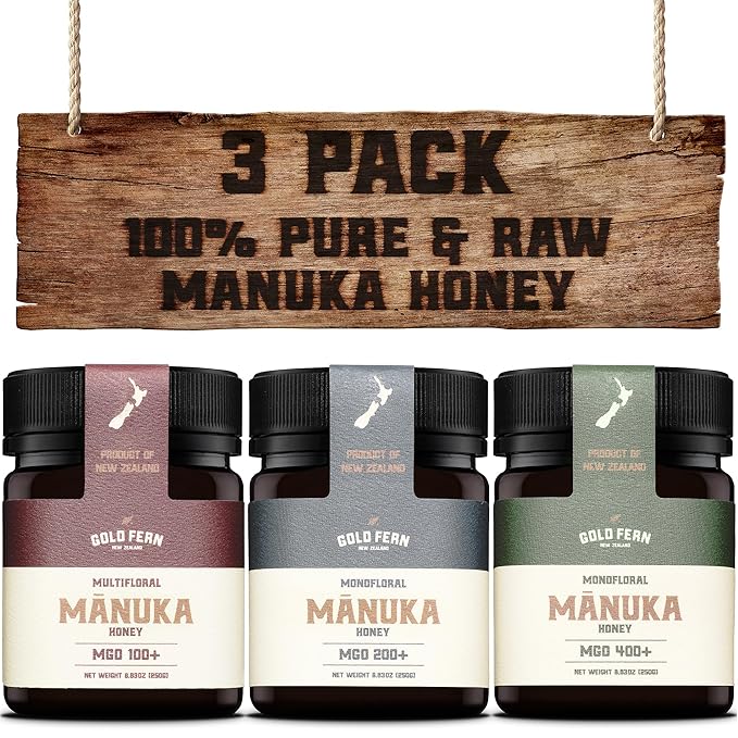 Gold Fern Honey - 3 Pack - Raw New Zealand Manuka Honey | 3 x 8.8oz Certified MGO 100+ MGO 200+ &amp MGO 400+ | Pure Natural Superfood Honey.