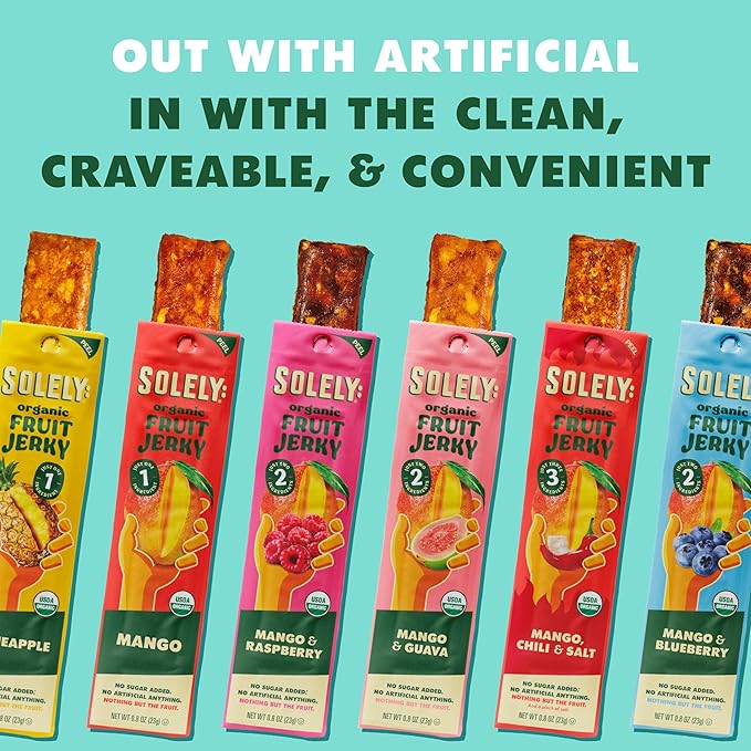 SOLELY - Organic Mango &amp Organic Pineapple Fruit Jerky (10 Mango 6 Pineapple) - Real Fresh Fruit Strips - Healthy Snacks for Adults &amp Kids - Non GMO Vegan Snacks Shelf Stable - 12 Strips (0