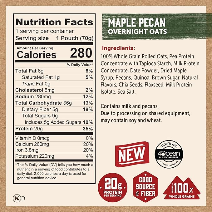 Kodiak Cakes Protein Overnight Oats Variety Pack - Cookie Butter Dark Chocolate Sea Salt Maple Pecan 12 Count High Protein