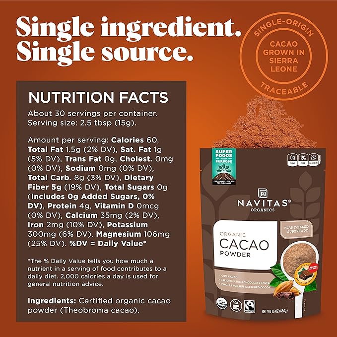 Navitas Organics Cacao Powder Bags 30 Servings 1 Pound (Pack of 1) 16 Ounce
