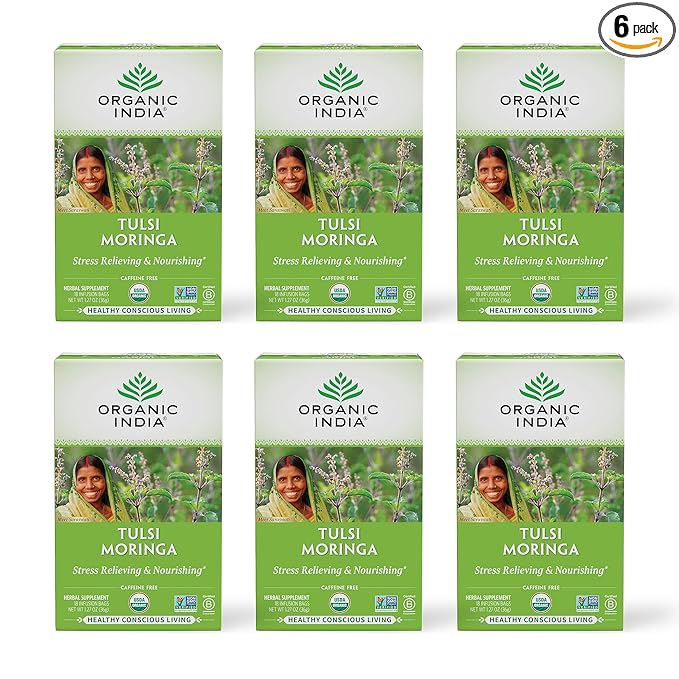 ORGANIC INDIA Tulsi Moringa Tea Bags - Holy Basil Lemongrass Moringa Leaves Stress Relieving &amp Nourishing Immune Support Tea Vegan Certified Organic Caffeine-Free - 18 Infusion Bags 6 Pack