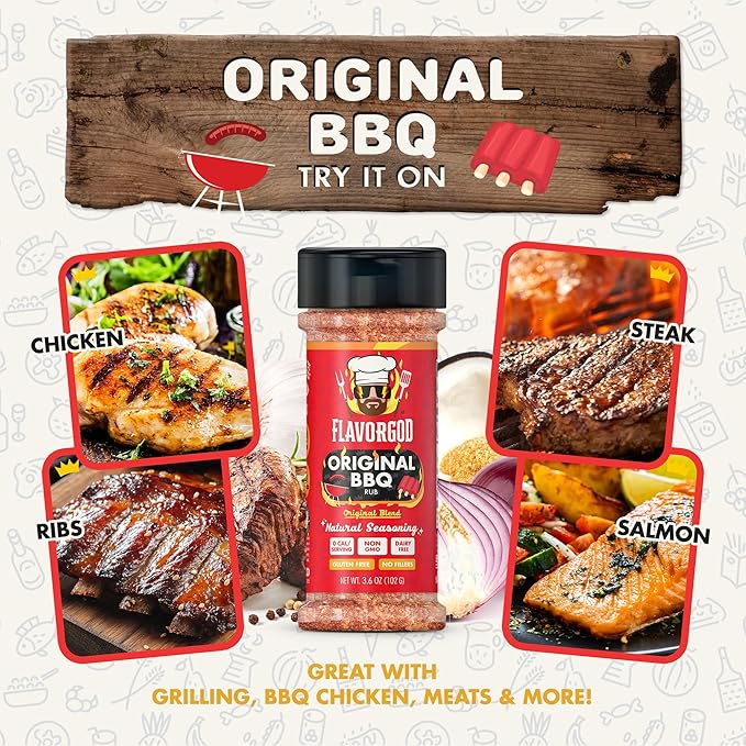 Flavor God 2 Bottles Original BBQ Rub Mix Natural Healthy Spice Blend For Grilling Chicken Wings Beef Pork Bacon Eggs Seafood Vegetables Salad Tacos Kosher Gluten &amp Dairy Free Steak