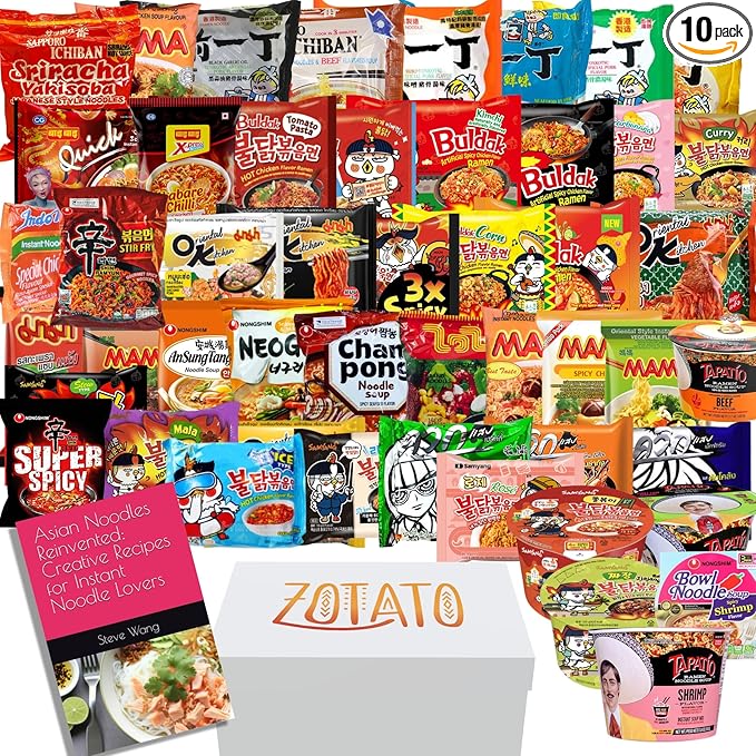 (10 packs) Ramen Mystery Box - Global Flavor Adventure with a Mix of Spicy &amp Non-Spicy Noodles Bundle with Fun Recipe Book