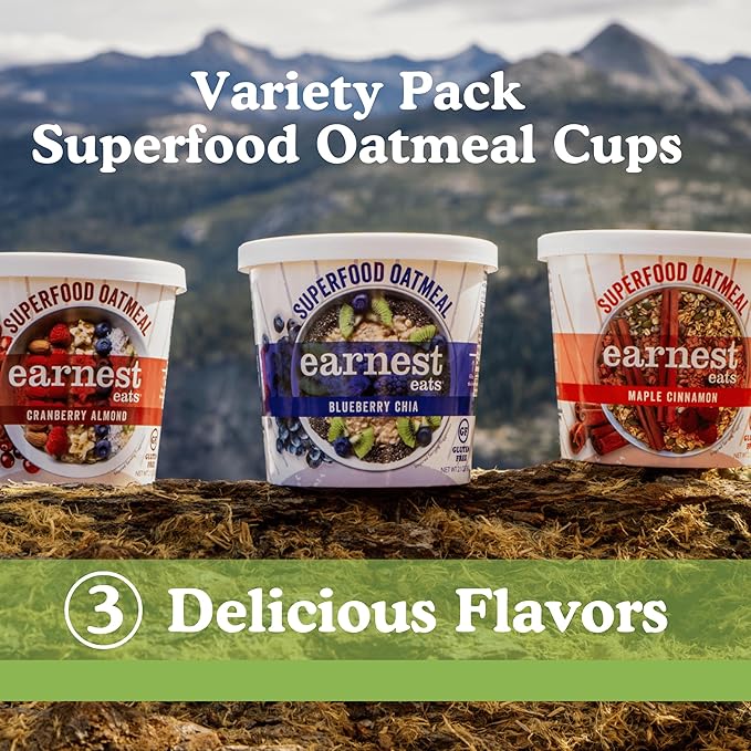 Earnest Eats Superfood Oatmeal Cups - Variety Pack – 7g Plant Protein Gluten Free Vegan On-the-Go Breakfast 2.1 Ounces Each (6 Pack)