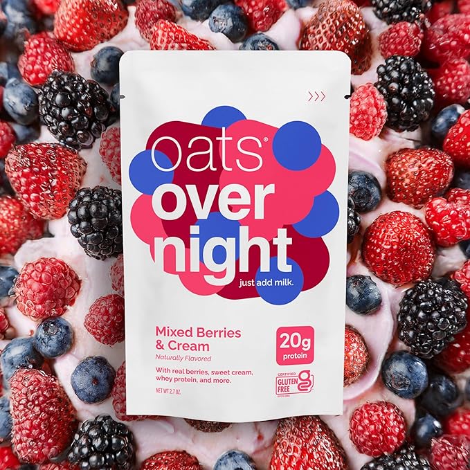 Oats Overnight Mixed Berries &amp Cream - Overnight Oats with 20g Protein High Fiber Breakfast Protein Shake - Gluten Free Oatmeal Non GMO High Protein Oatmeal (2.8 oz per meal) (24 Pack)
