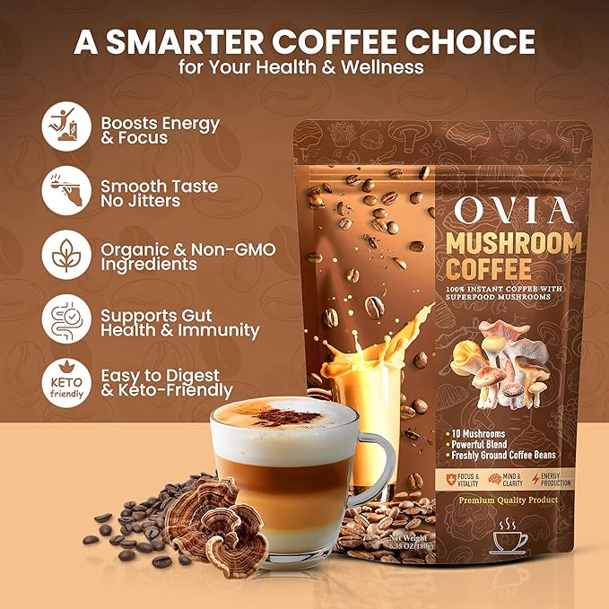 OVIA Natural 10 Mushroom Coffee with 3500mg for Weight Management Focus &amp Gut Health - Daily Dose Ten Mushroom Coffee for Clean Energy - Low Caffeine Adaptogenic Instant Coffee with Lion’s ManeC