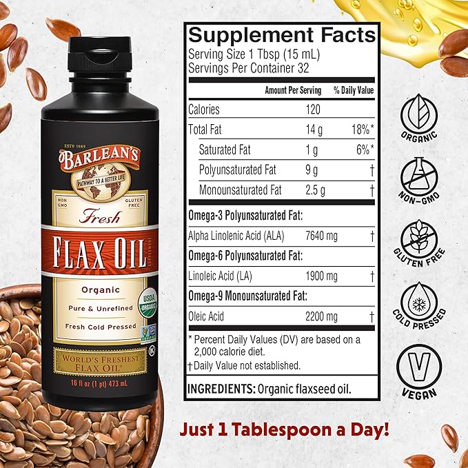 Barlean's Organic Flaxseed Oil Liquid from Fresh Cold Pressed Flax Seeds 7640mg ALA Omega 3 Fatty Acid Supplement for Healthy Hair and Skin Vegan and Gluten Free 16 oz