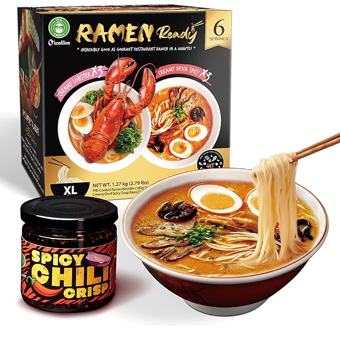 O’scallion Ramen Noodles Variety Pack (6 Servings 2 Flavors) + Vegan Crunchy Chili Oil (6.35 oz) | Quick Ramen Kit with Spicy Garlic Chili Crisp