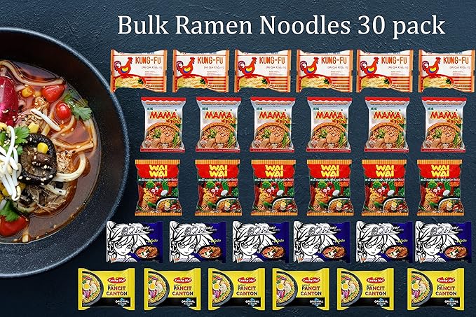Ramen Noodles Bulk Mystery Box Variety Pack of 30 with 5 or more Flavors and Premium Reusable Chopsticks