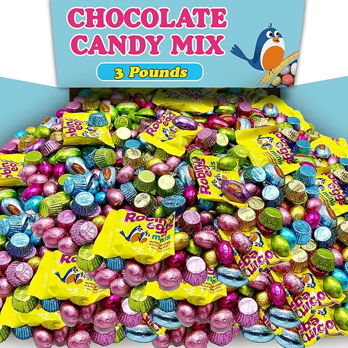 Bulk Chocolate Candy Assortment Mix 3 Lbs Assorted Variety of Individually Wrapped Milk Chocolate Pastel Colored Candy Bulk Chocolate Eggs Peanut Butter Cups For Parties and Spring Decor
