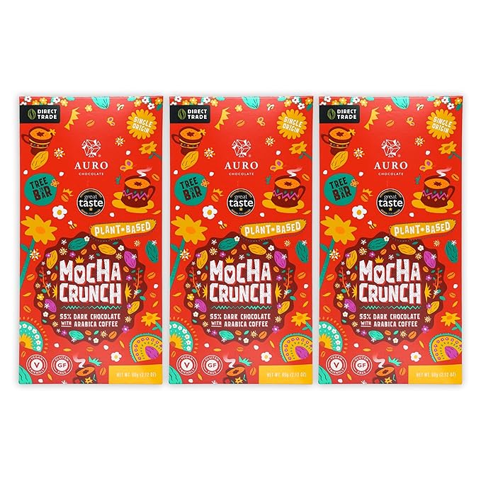Auro Mocha Crunch 55% Dark Chocolate 3 Pack - Filipino Chocolate - Premium Made At Origin Direct Trade Bean-to-Bar Woman Owned BIPOC Owned - Vegan Halal - Bundle