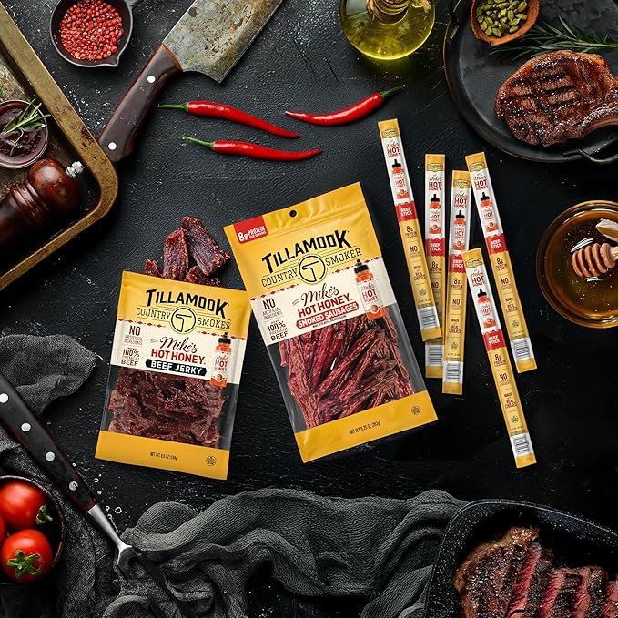 Tillamook Country Smoker 100% Premium Beef Sticks Mike's Hot Honey 1 Ounce (24 Sticks) Real Hardwood Smoked Sausages Low Carb High Protein Individually Wrapped Ready to Eat Sweet &amp Spicy Sna