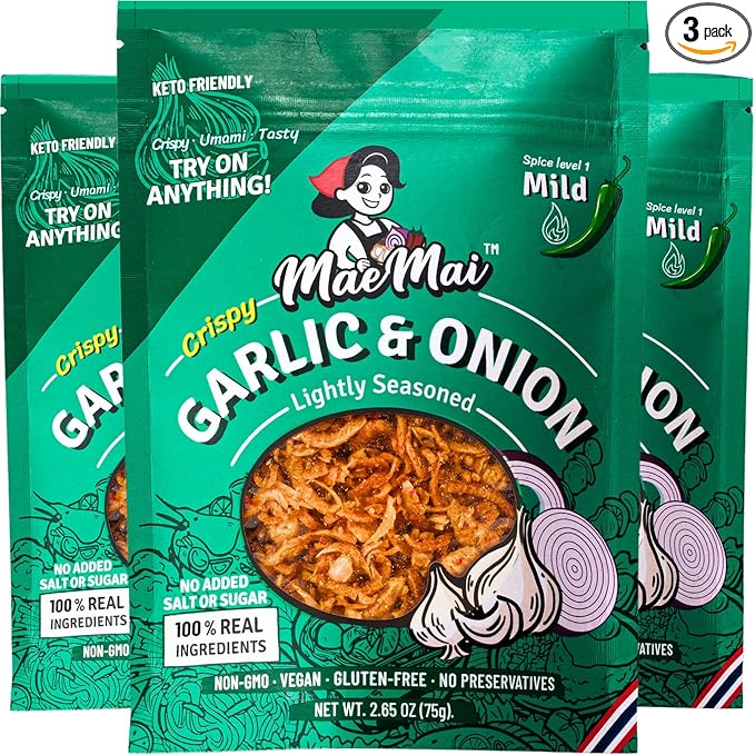 MaeMai Chili Crisp (MILD Spice) - Premium Onion &amp Garlic Flakes - Crispy All-Purpose Seasoning Topper | Keto vegan gluten-free. Crunchy condiment for ramen add ons rice seasoning salads | 9.5