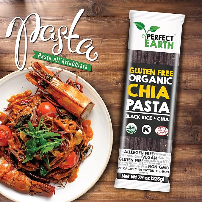 Perfect Earth Organic Black Rice Pasta with Chia Seeds - Organic Vegan Keto Kosher Allergen-Free Gluten-Free Low Carb Pasta - for Healthy Delicious and Convenient Meals - 6 Pack (7.9 Oz Each)