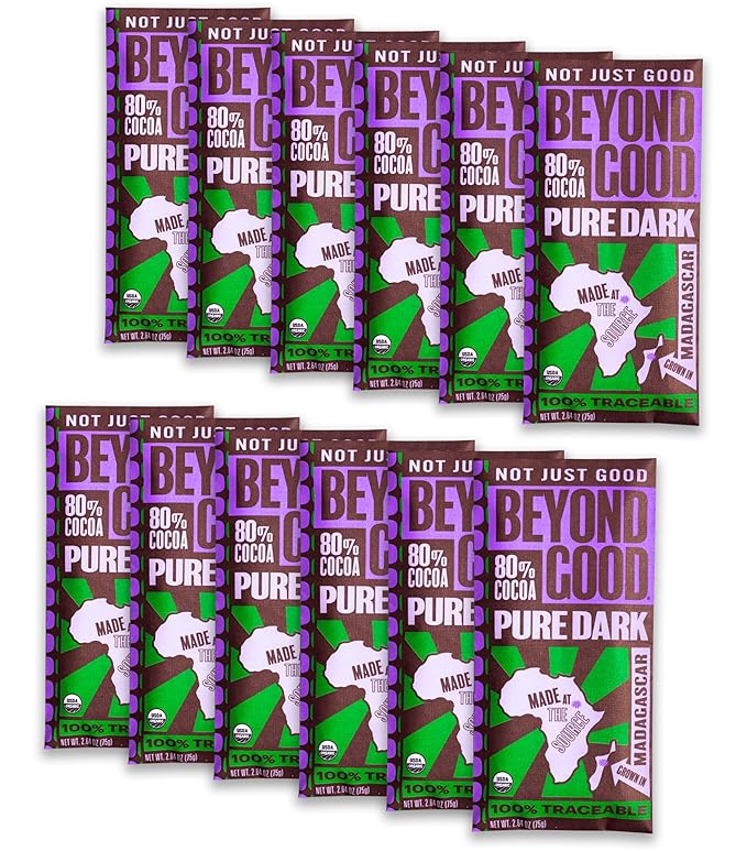 Beyond Good 80% Cocoa Pure Dark Chocolate | 12 Pack - Chocolate Bars | Organic Direct Trade Vegan Kosher Non-GMO | Single Origin Heirloom Madagascar Dark Chocolate