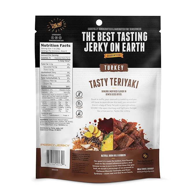 Perky Jerky Tasty Teriyaki Turkey Jerky 2.2oz (Pack of 12) - Low Sodium - 10g Protein per Serving - Low Fat - 100% U.S. Sourced - Tender Texture TURKEY - Teriyaki 26.4 Ounce