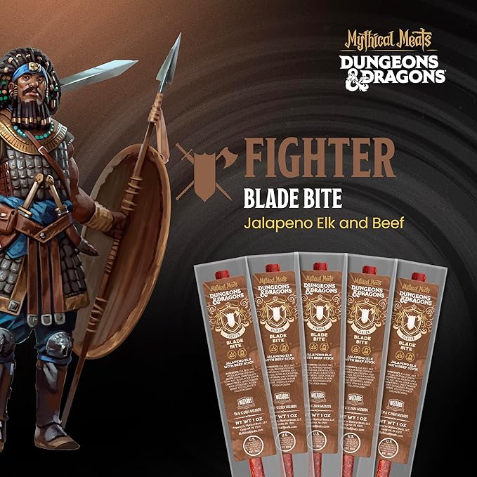 Mythical Meats Dungeons &amp Dragons Blade Bite (Fighter) - 12 Jerky Sticks - Jalapeno Elk with Beef Stick Gluten Free MSG Free