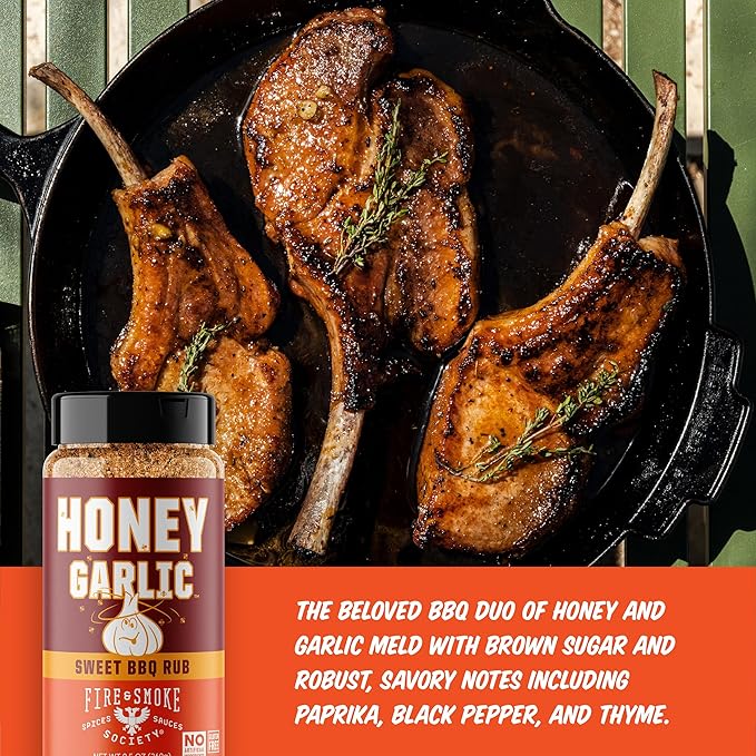 Fire &amp Smoke Society Honey Garlic BBQ Rub | Seasonings for Smoking and Grilling | Pulled Pork Ribs Chicken Burgers Dry Rubs and Spices | Honey Garlic Brown | Large (2-Pack)