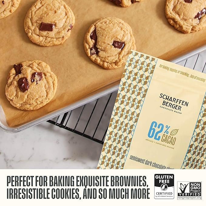 Scharffen Berger Baking Chocolate Chunks (7 Ounce Pack of 3) - Semisweet Dark Chocolate Chunks for Baking 62% Cacao Gluten Free Non GMO Natural Chocolates Individual Baking Chocolate
