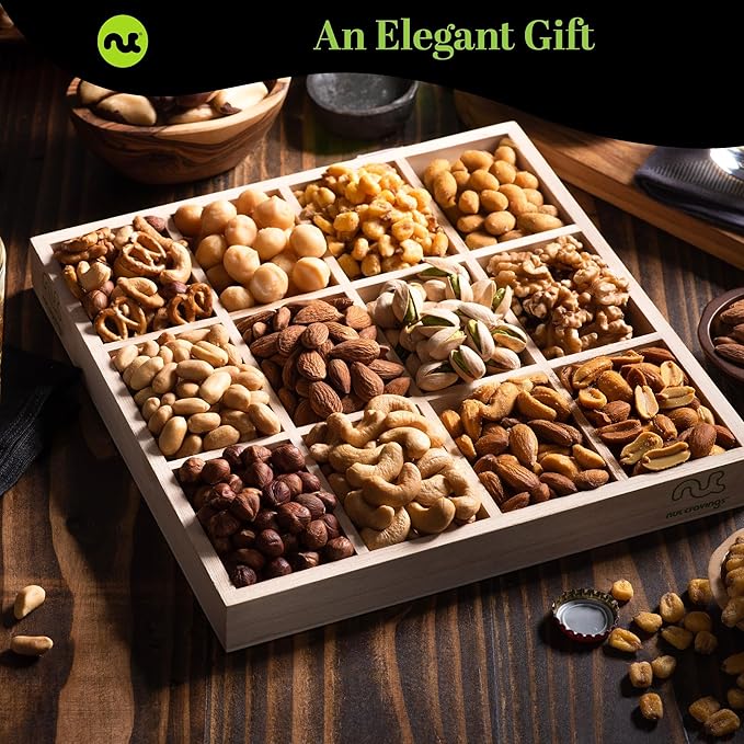 NUT CRAVINGS Gourmet Collection - Get Well Soon Nuts Gift Basket with Get Well Soon Ribbon in Reusable Wooden Tray (12 Assortments) Food Arrangement Healthy Snack Care Package Food Assortments