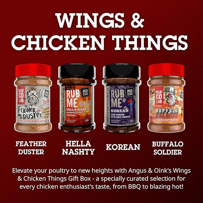 Angus &amp Oink Gift Set | Wings &amp Chicken Things Gift Box | BBQ Rubs | 1 x Feather Duster | 1 x Nashville Hot Chicken | 1 x Korean Seasoning | 1 x Buffalo Hot Wing | 4 x 200G