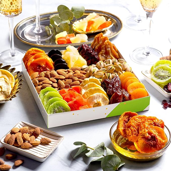 NUT CRAVINGS - Dried Fruit &amp Mixed Nuts Gift Basket in White Gold Box (12 Assortments) Ramadan Gifts Food Arrangement Healthy Snack Care Package