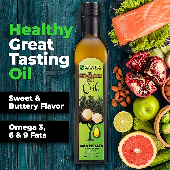 Species Nutrition Macadamia Nut Oil Healthy Cooking Oil for Stir Fry Sweet Buttery Great Tasting Omega 9 Monounsaturated Fats Balanced Omega 3 &amp 6 Fats. (32 Servings 2 Pack)