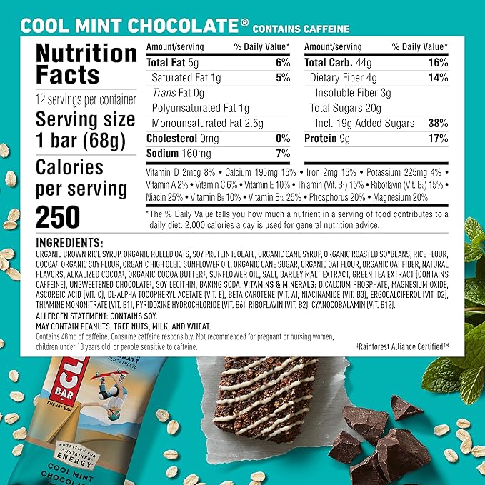 CLIF BARS - Energy Bars - Cool Mint Chocolate - With Caffeine - Made with Organic Oats - Plant Based Food - Vegetarian - Kosher (2.4 Ounce Protein Bars 24 Count) Packaging May Vary