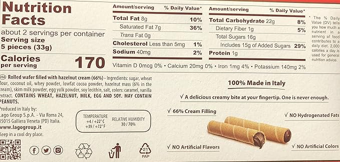 Gastone Lago Roll Break Light and fragrant wafer rolls Hazelnut filled with soft velvety cream - 2.8 oz. 4-Pack (Hazelnut 4-Pack)