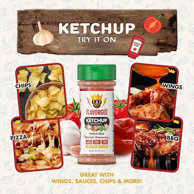 Flavor God 2 Bottles Ketchup Seasoning Mix Natural Healthy Spice Blend For Grilling Chicken Beef Seafood Vegetables Salad Tacos Pizza &amp Burgers Kosher Gluten &amp Dairy Free Vegan Keto F