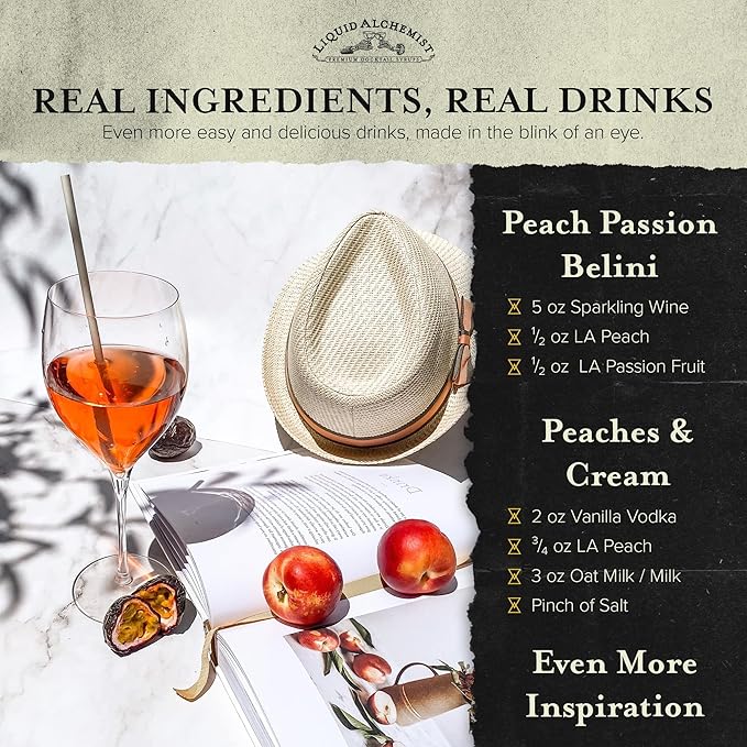 Liquid Alchemist Peach Syrup for Drinks - Real Ingredients Make the Perfect Summer Cocktail or Margarita Mix - Our Peach Flavoring Syrup is Non-GMO &amp Vegan (25.4 oz)