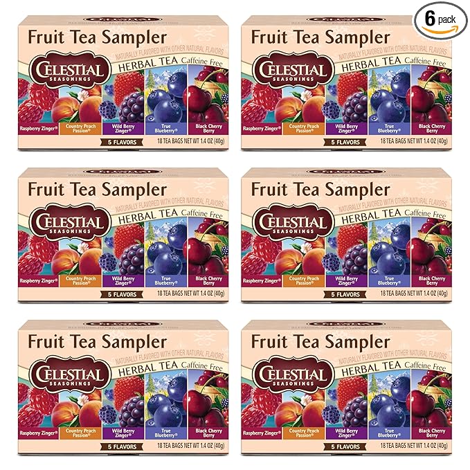 Celestial Seasonings Fruit Tea Sampler Herbal Variety Pack Caffeine Free 18 Tea Bags Box (Pack of 6)