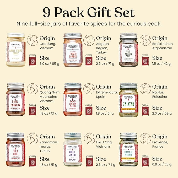 Burlap &amp Barrel 9-Pack Spice Gift Set – 9 Full-Size Jars of Favorite Spices for the Curious Cook – Includes Cinnamon Garlic Lime &amp More Seasonings - As Seen On Shark Tank