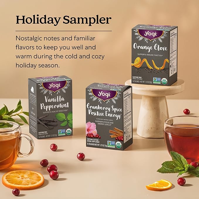 Yogi Tea Holiday Variety Sampler - 16 Bags per Pack (6 Packs) - Holiday Sampler - Includes 2 Vanilla Peppermint 2 Orange Clove &amp 2 Cranberry Spice Positive Energy - Seasonal Tea Sampler Set