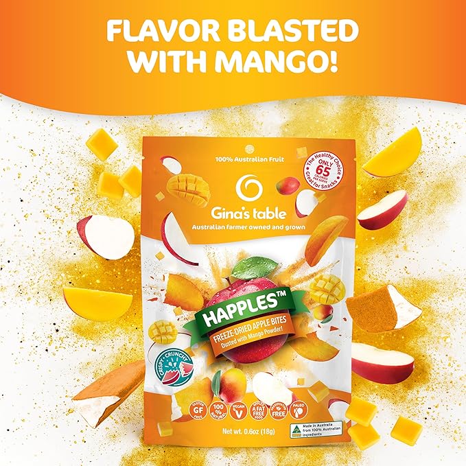 Happles Freeze Dried Apples with Mango Fruit Powder – 100% Natural No Added Sugar Healthy Low Calorie Apple Crisps Snack for Adults &amp Kids Gluten Free No Artificial Flavours (10 Pack)