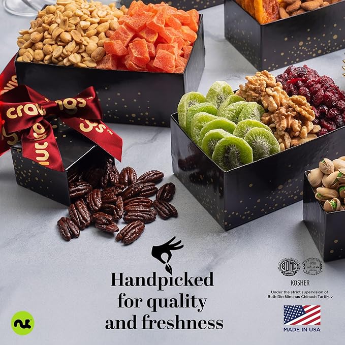 NUT CRAVINGS - Easter Dried Fruit &amp Mixed Nuts Gift Basket Black Tower + Heart Ribbon (12 Assortments) Ramadan Gifts Food Arrangement Healthy Snack Care Package Kosher