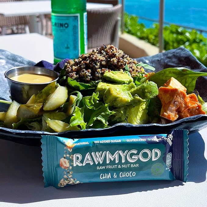 RAWMYGOD Fruit and Nut Bars Good Source of Protein (10g 25% protein content) Gluten Free Vegan No Added Sugar (16 bars Chia &amp Choco)