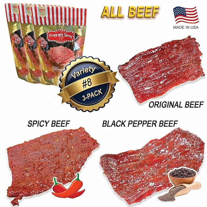 VP#8 ALL BEEF JERKY - MIXED FLAVORS (Original Spicy Black Pepper Beef each 4oz) *Fresh Grilled to Order *Shipped the Same Day *L.A. Times Handmade Gift Winner