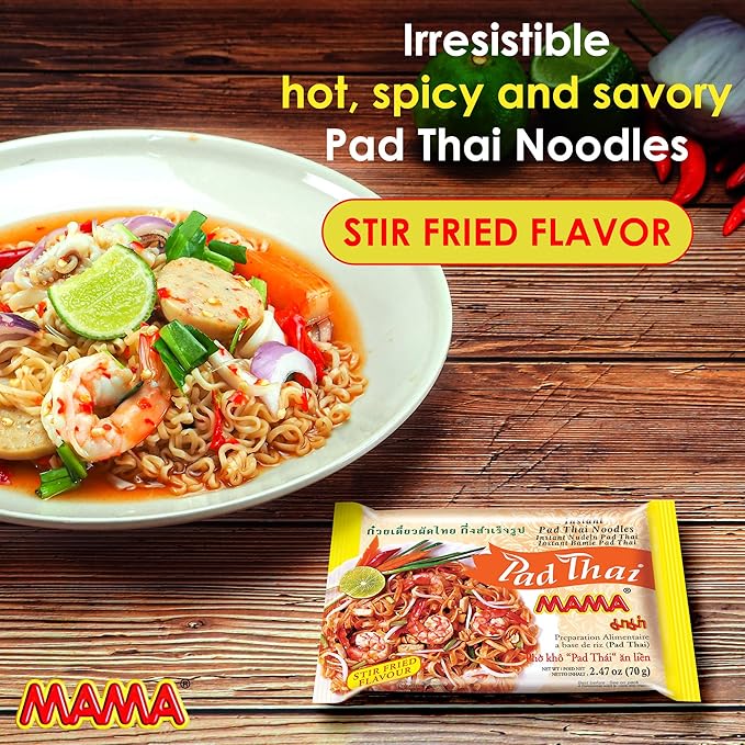 MAMA Noodles Pad Thai Instant Spicy Noodles w/Delicious Thai Flavors Hot &amp Spicy Noodles w/Pad Thai Soup Base No Trans Fat w/Fewer Calories Than Deep Fried Noodles 30 Pack