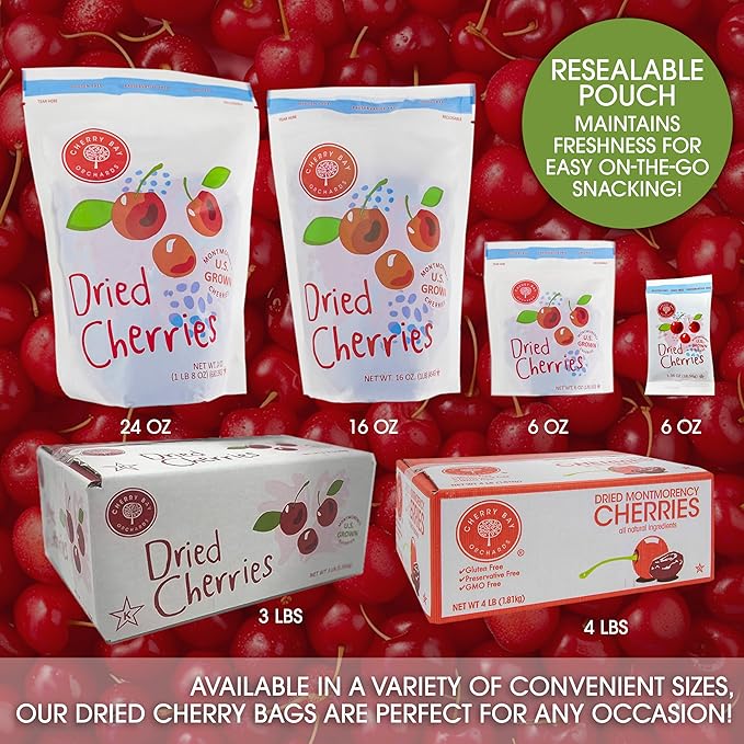Cherry Bay Orchards - Dried Montmorency Tart Cherries - 16 oz Bag 100% Domestic Natural Kosher Certified Gluten-Free and GMO Free - Packed in a Resealable Pouch