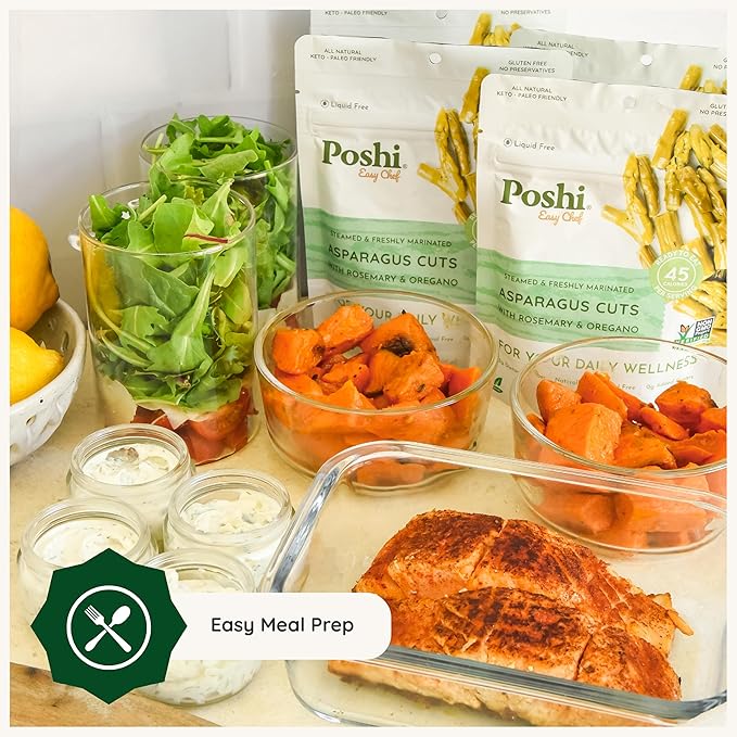 POSHI Marinated Asparagus Cuts with Rosemary + Oregano Natural Keto Vegan Non GMO Low Carb + Calorie Gluten Free Ready to Eat Fully Cooked Vegetables Pentry Food Gourmet Healthy 6 Pack 4.4oz