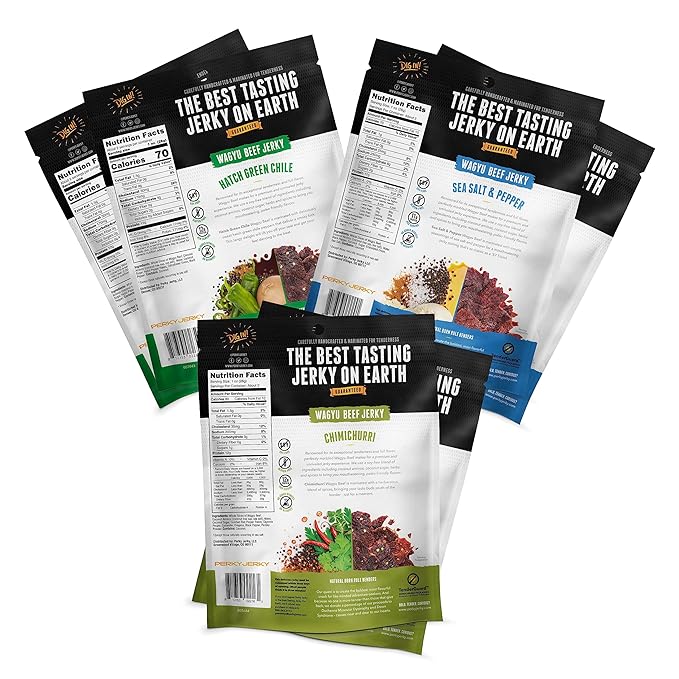 Perky Jerky Wagyu Variety Pack 2.2 ounce (Pack of 6) - 200mg sodium - 12g Protein per serving - Low Fat - 100% US Sourced - Tender Texture and Bold Flavor