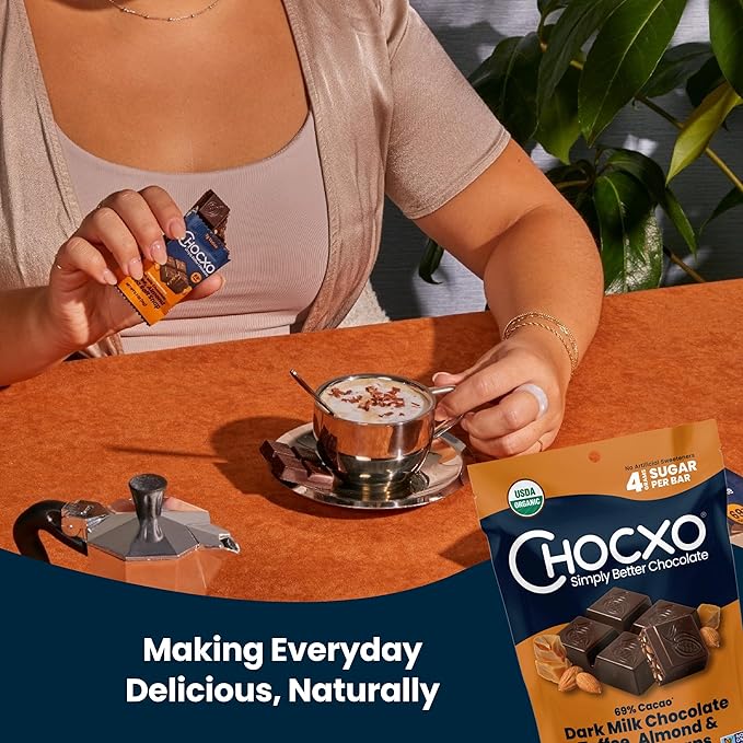 Chocxo Dark Milk Chocolate Toffee Almond &amp Sea Salt Snaps - Low in Real Sugar Organic Non-GMO Gluten Free &amp Kosher No Artificial Sweeteners or Sugar Alcohols 3.45 oz (Pack of 4)