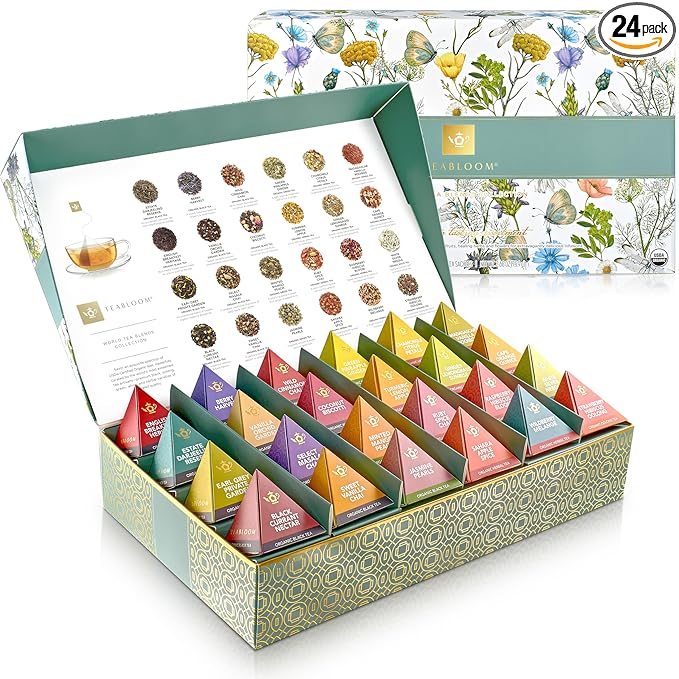 Teabloom - World's Finest Pyramid Tea Collection 24 Varieties of USDA Certified Organic &amp Kosher Teas - Black Tea Green Tea White Tea Oolong Tea and Herbal/Fruit Tea Blends